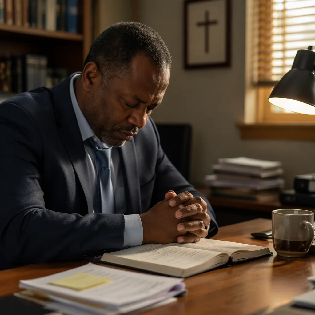 Weary Pastor Praying Alone at Desk