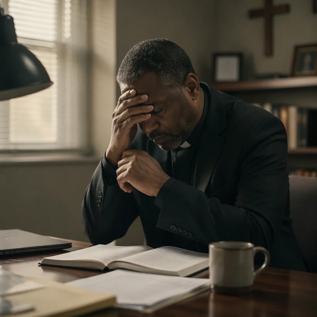 Weary Pastor Praying at Office Desk