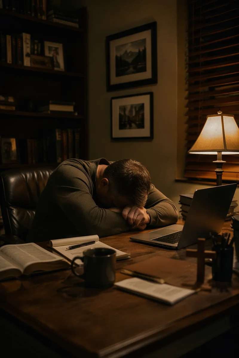 Exhausted Pastor Praying at Office Desk