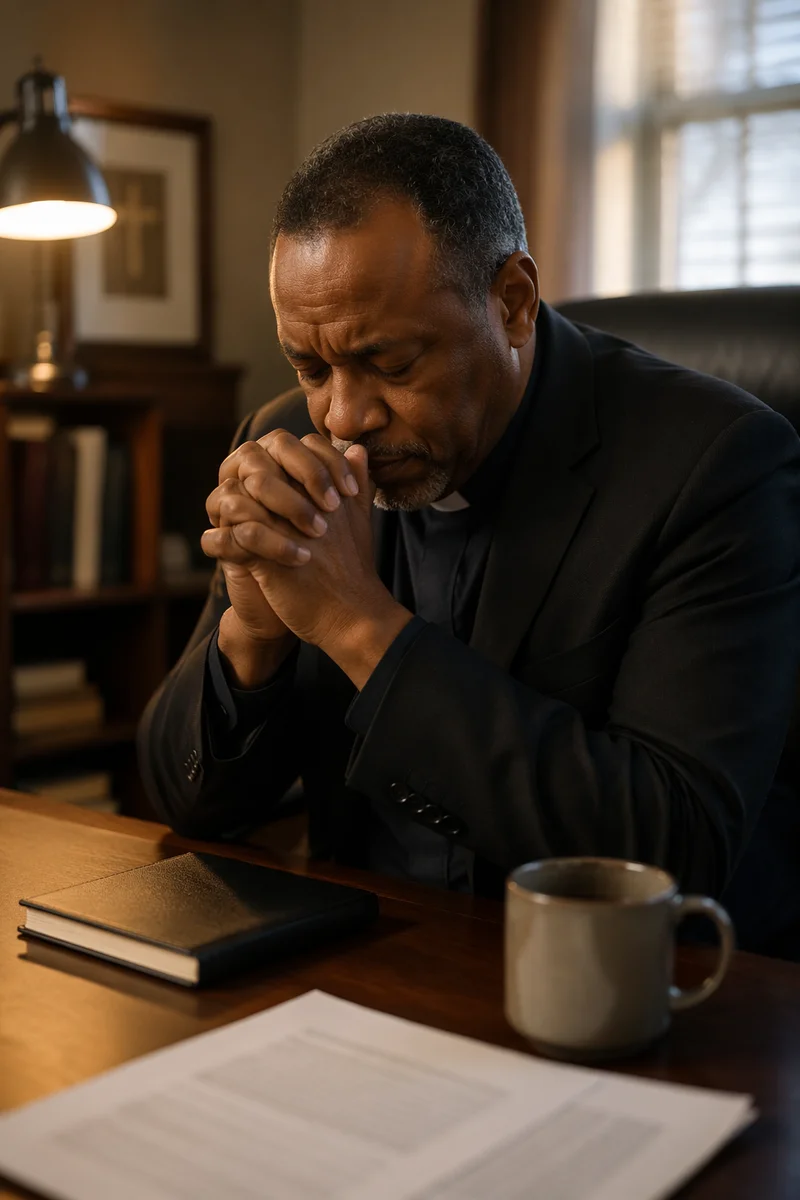 Tired Pastor Praying at Office Desk