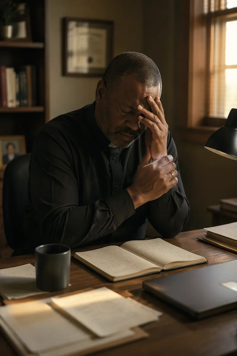 Tired Pastor Praying at Office Desk