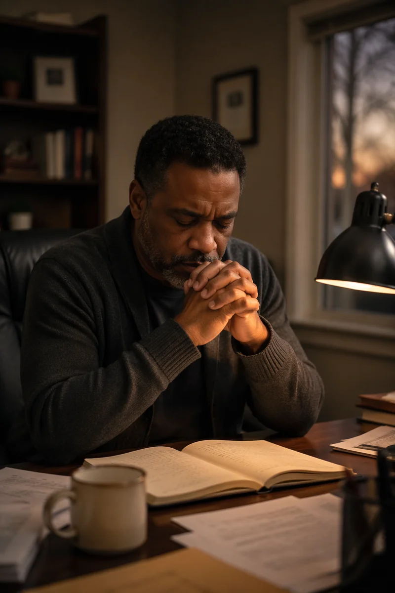 Pastor Praying Alone at Office Desk