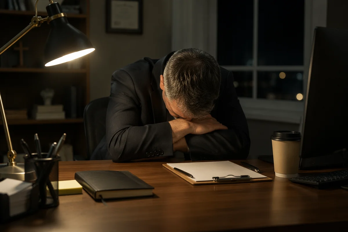 Exhausted Pastor Praying at Office Desk
