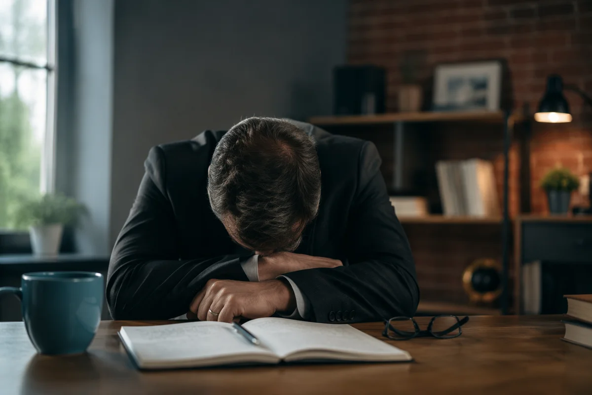 Exhausted Pastor Praying at Office Desk