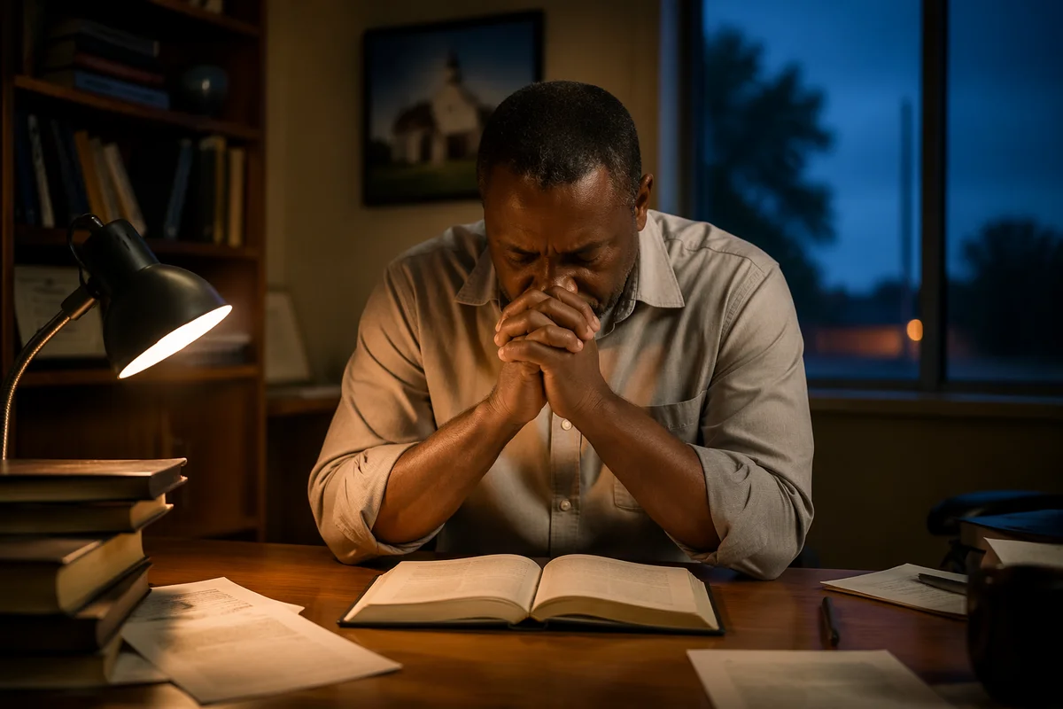 Tired Man Praying at Office Desk
