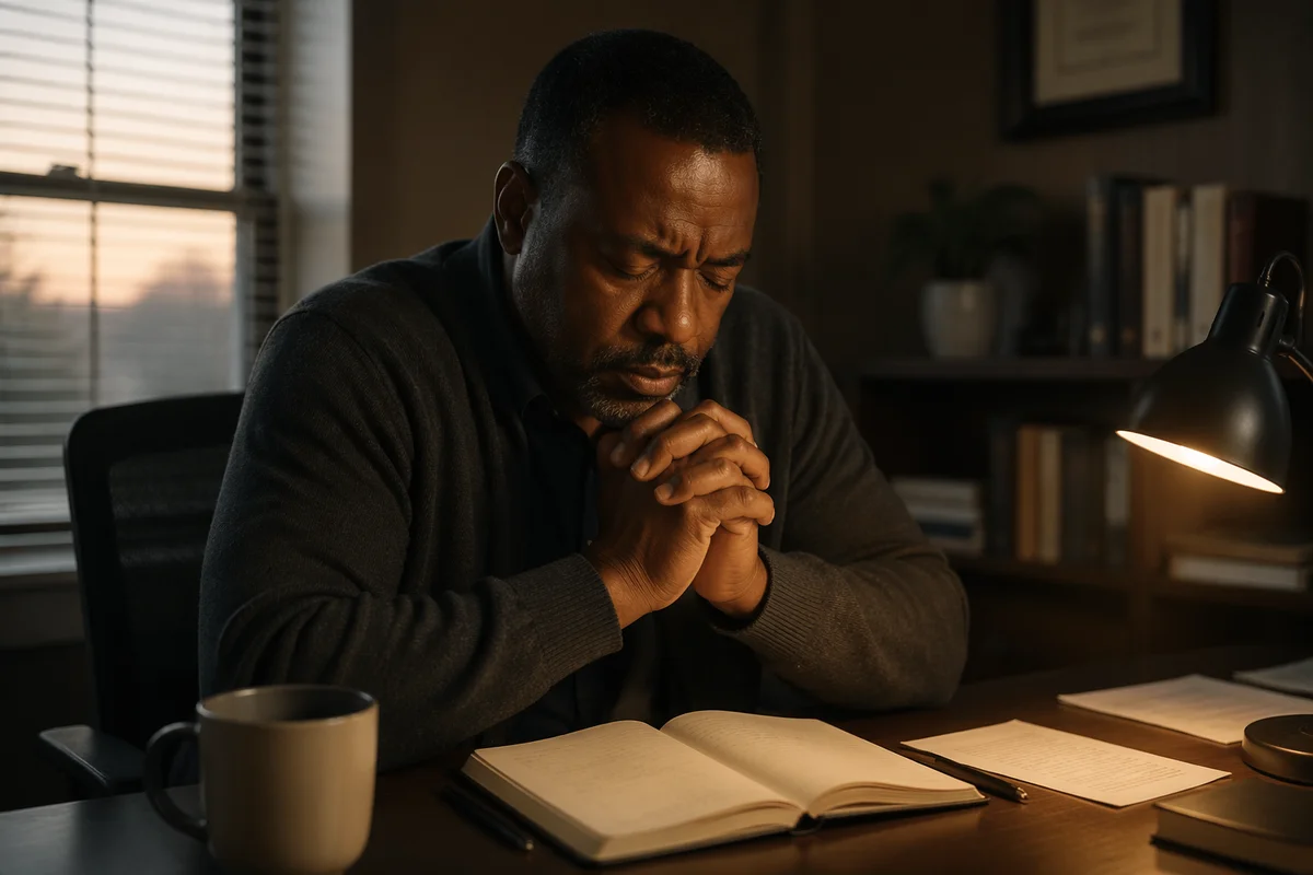Pastor Praying Alone at Office Desk