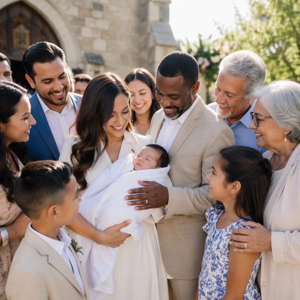 Family Celebration After Baptism Outside Church