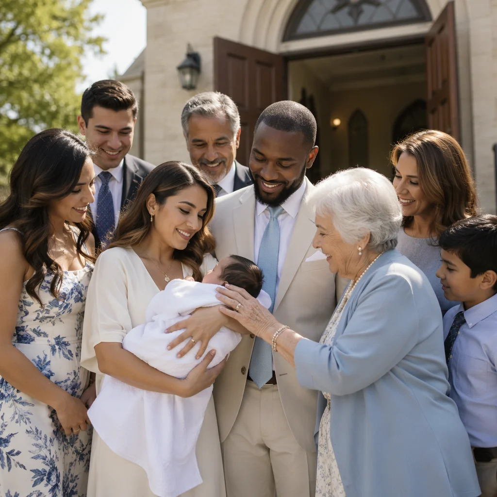 Family Gathering Outside Church After Baptism