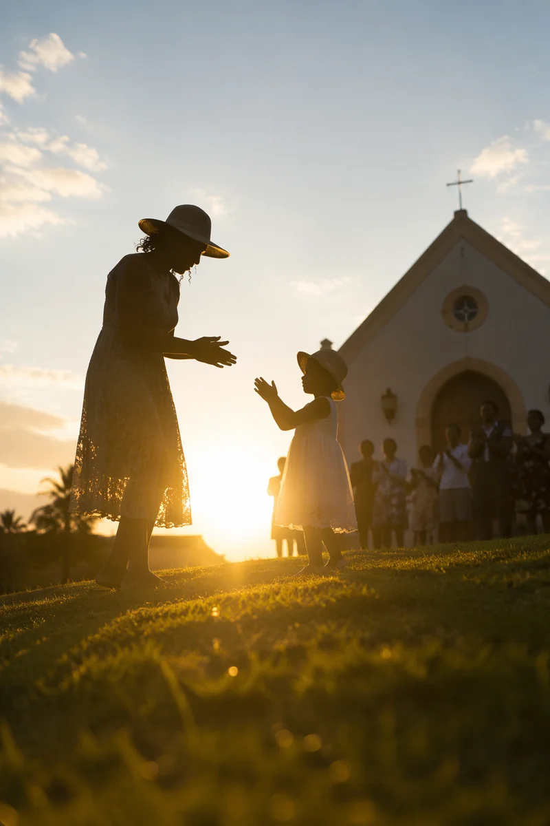 Golden Hour Baptism Celebration Outside Church