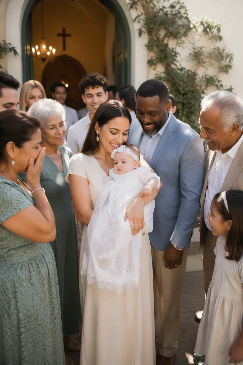Joyful Family Outside Church After Baptism
