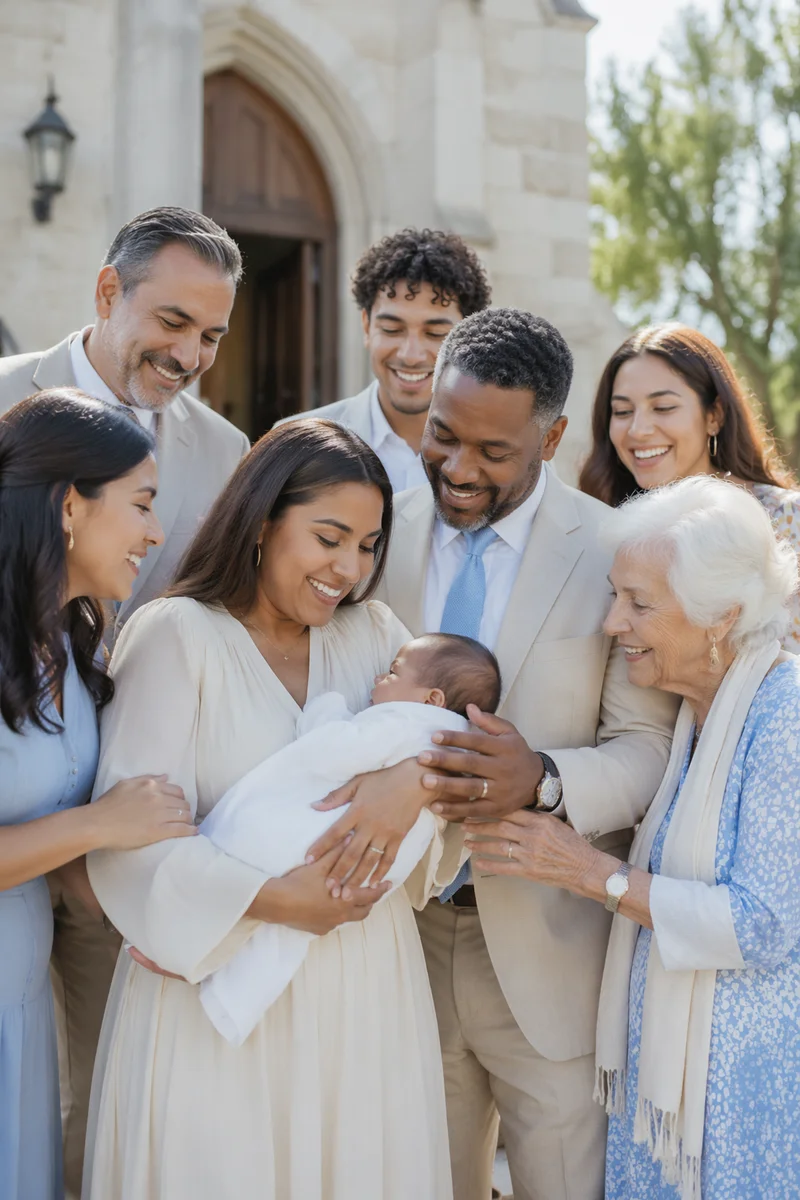 Family Gathering Outside Church After Baptism