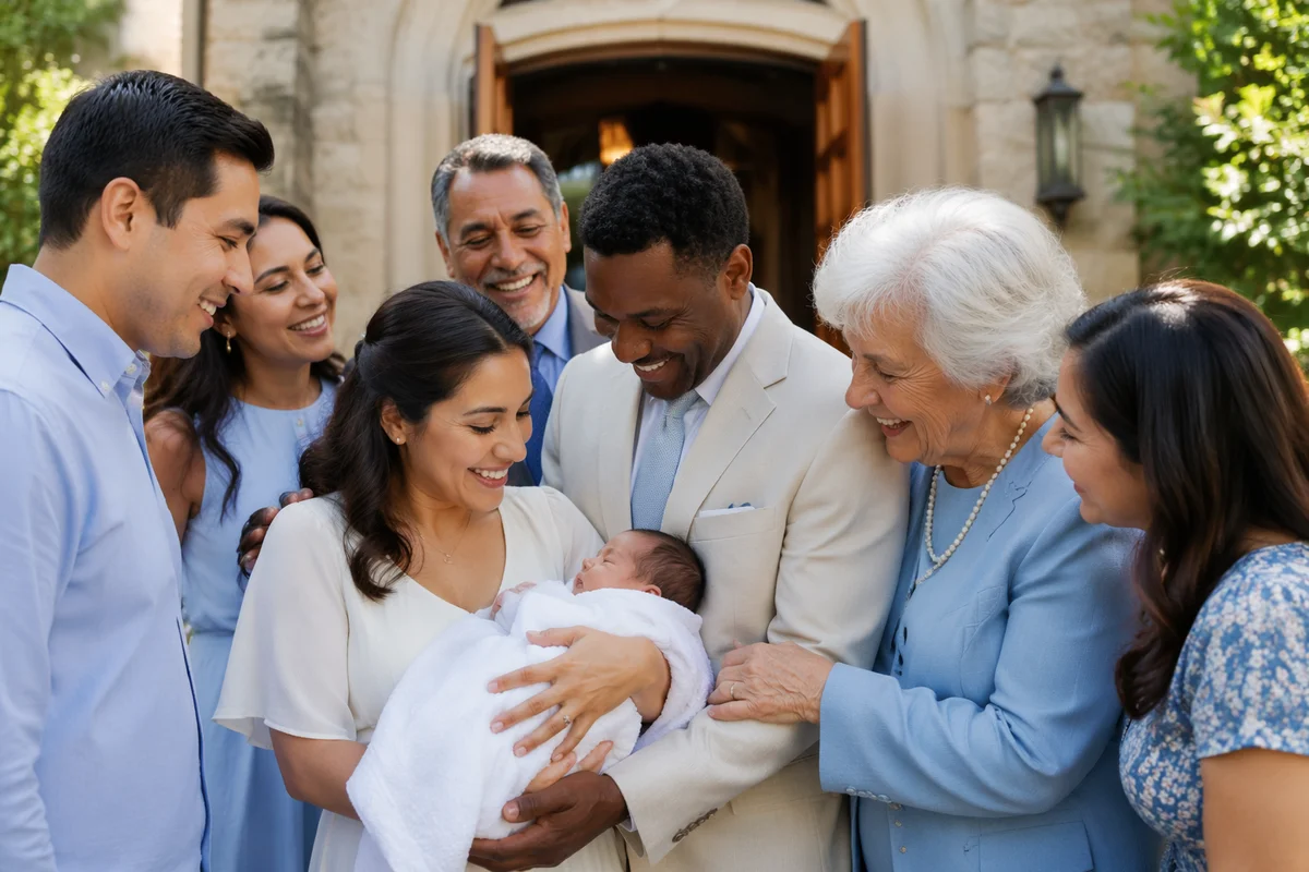 Family Gathering Outside Church After Baptism