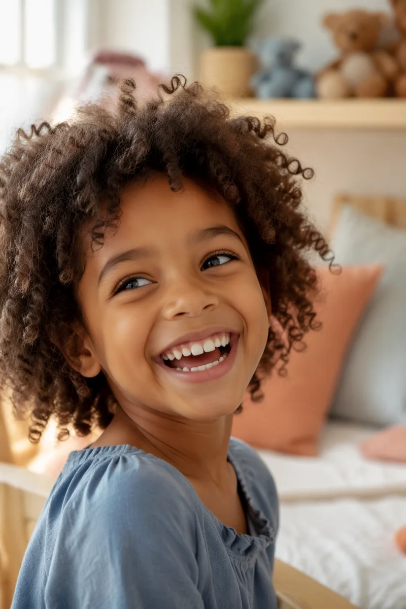 Giggling Black Child in Sunlit Bedroom
