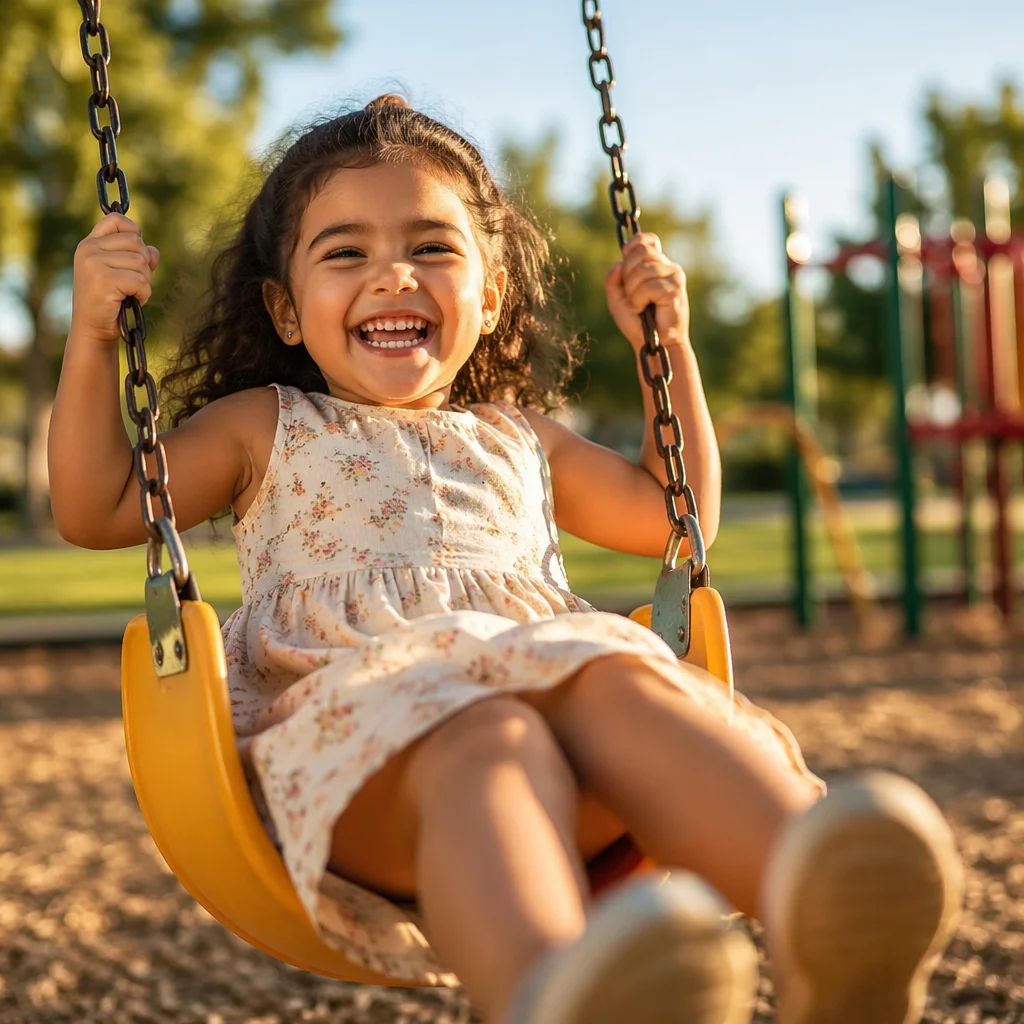 Laughing Girl on Playground Swing