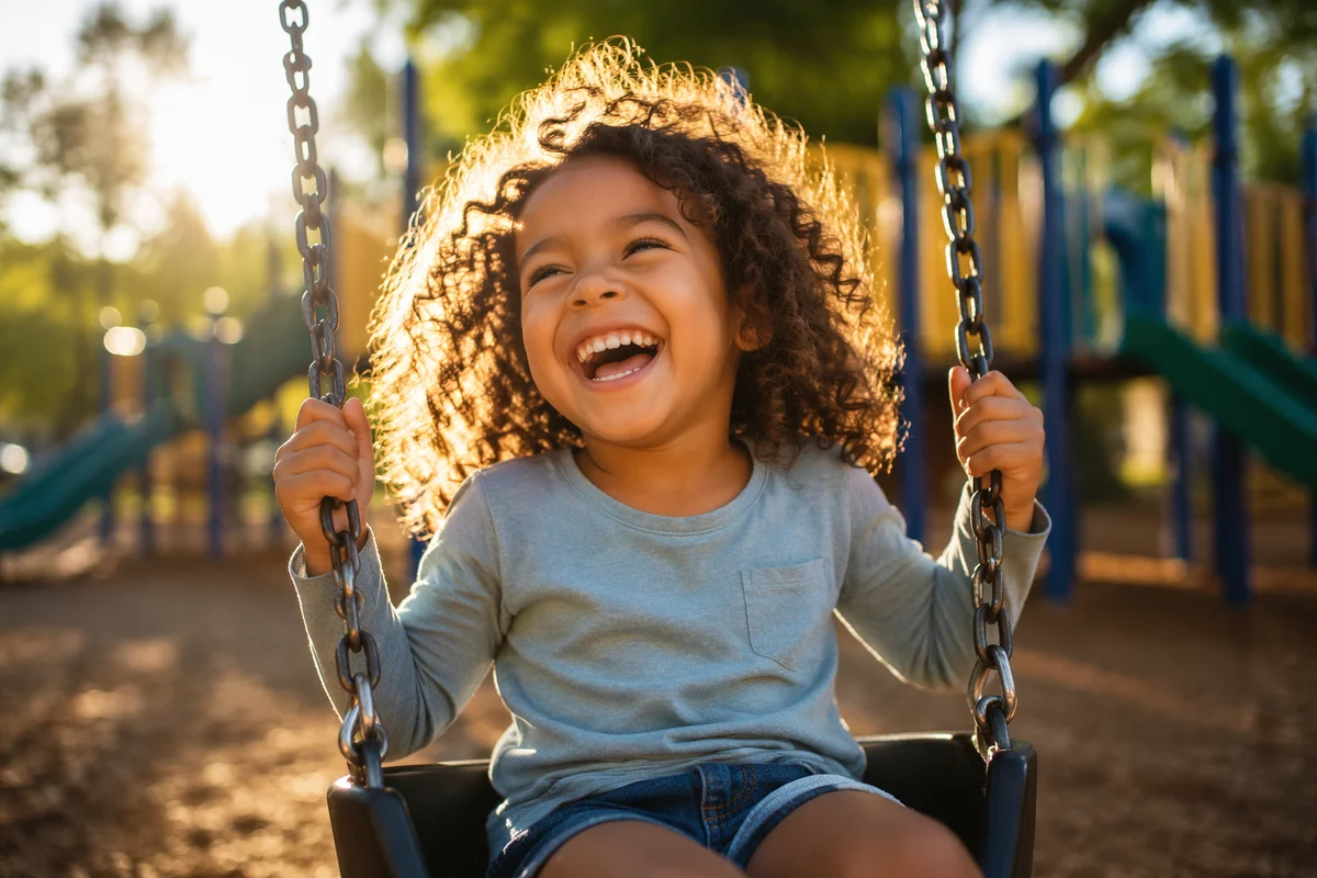 Giggling Child on Playground Swing