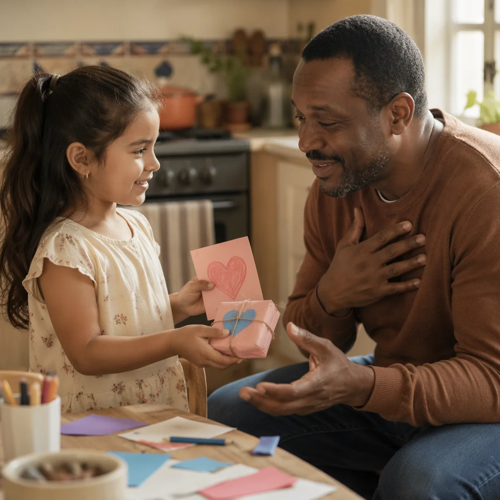 Daughter Giving Handmade Gift to Father