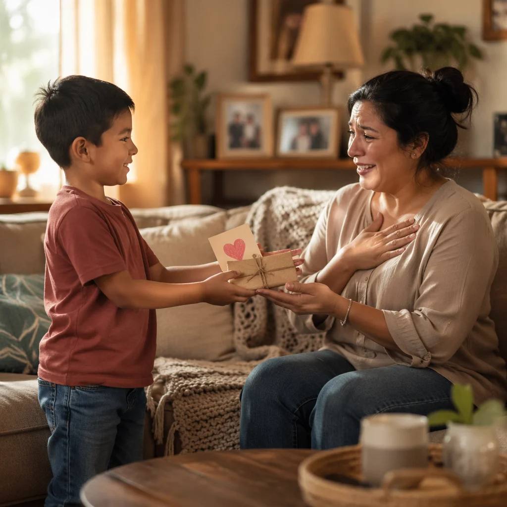 Child Giving Handmade Gift to Mother