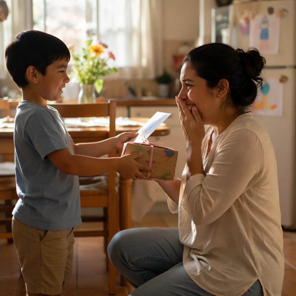 Child Giving Handmade Gift to Mother