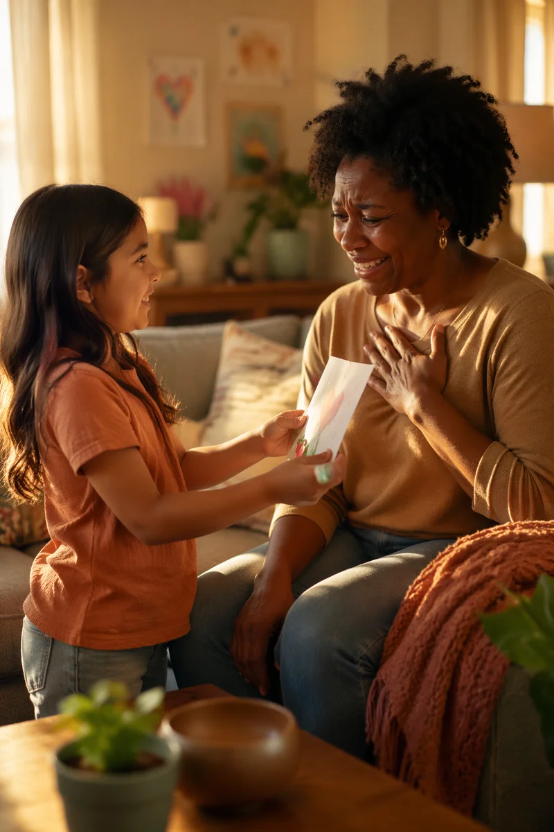 Child Giving Handmade Gift to Mother