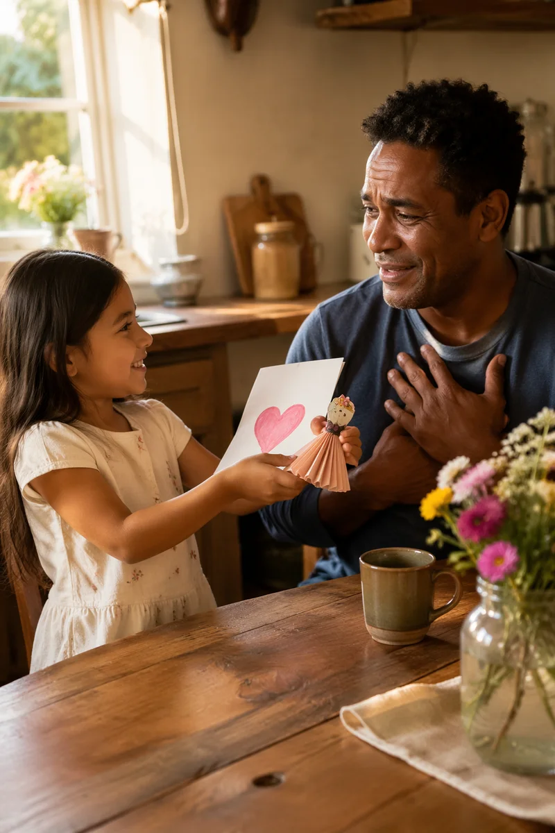 Child Giving Handmade Gift to Father