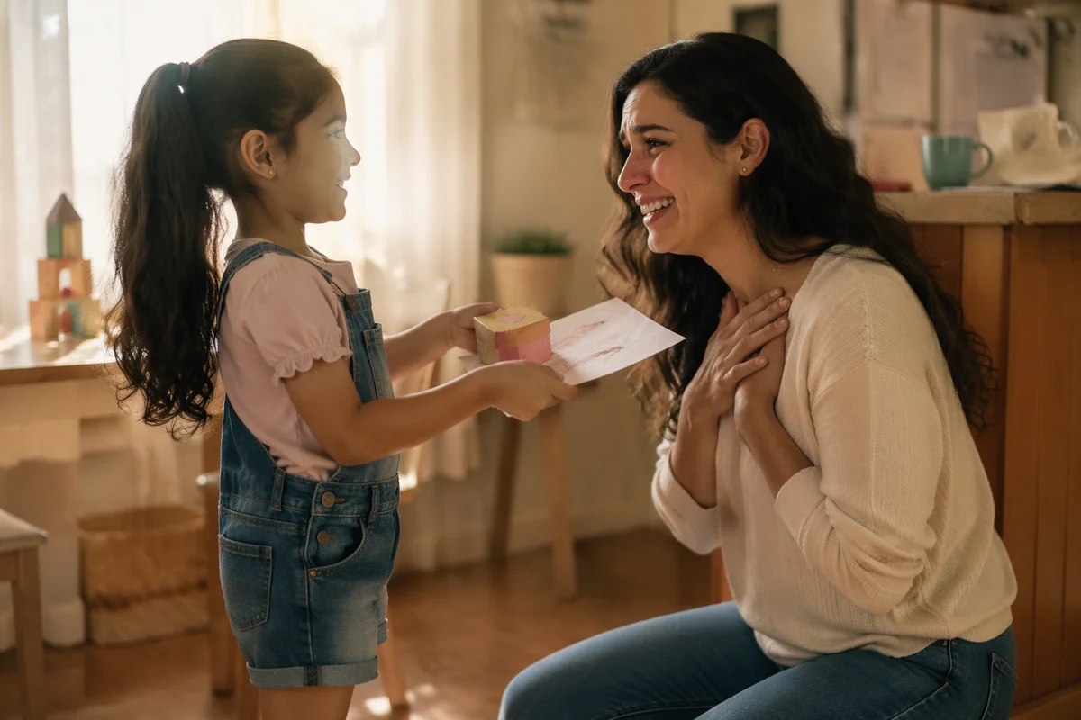 Child Giving Handmade Gift to Mother