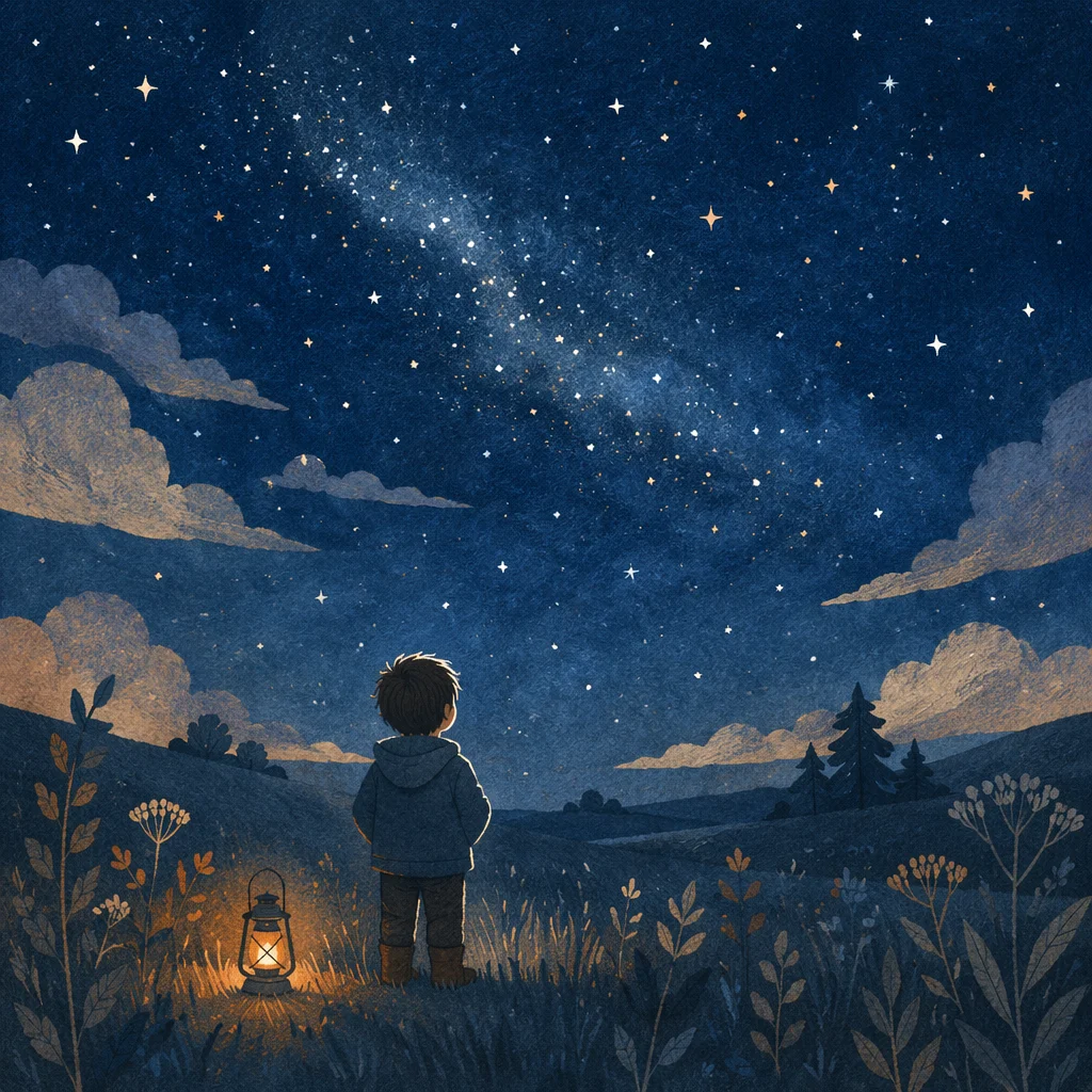 Child Gazing at Starry Sky in Wonder