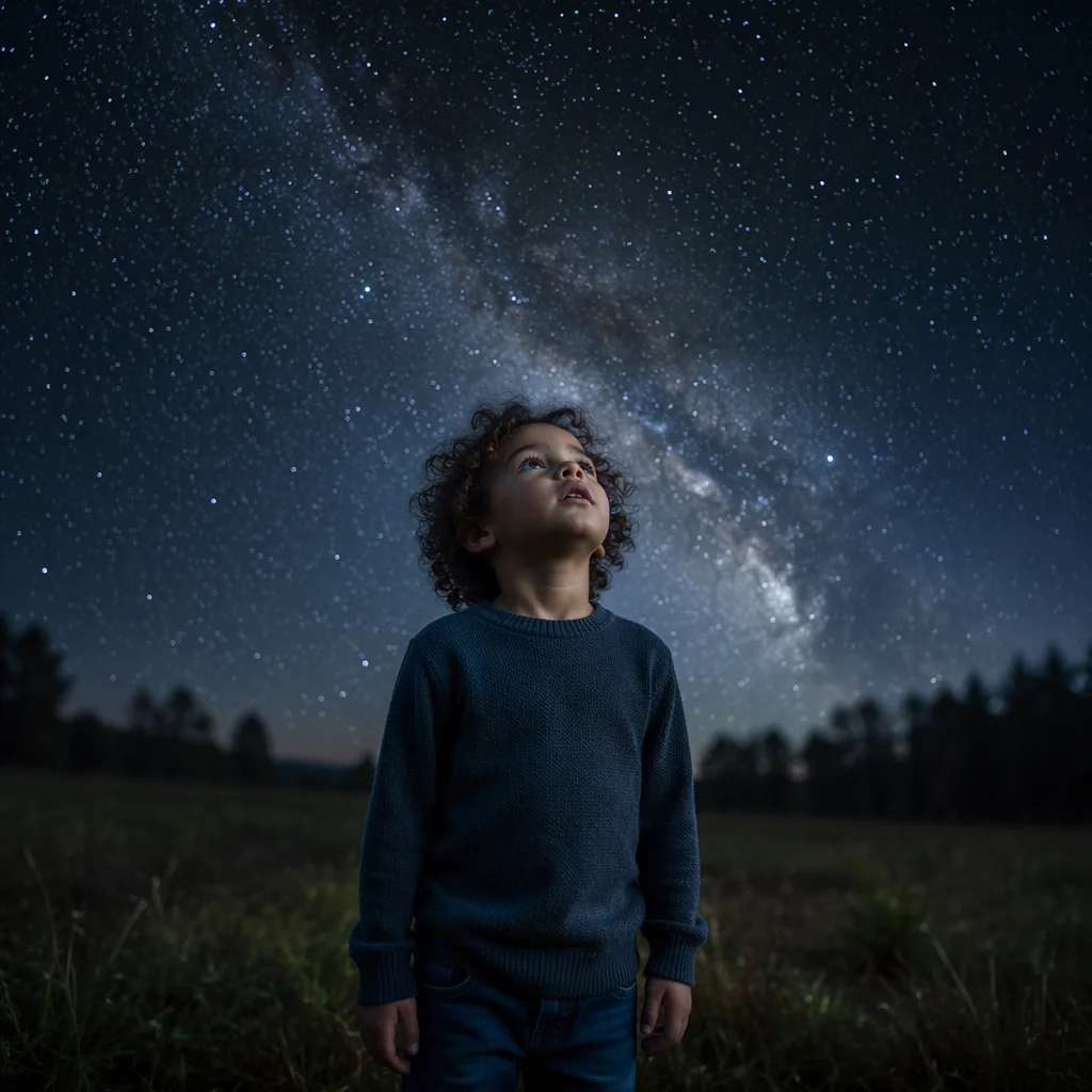 Child Gazing at Stars in Wonder