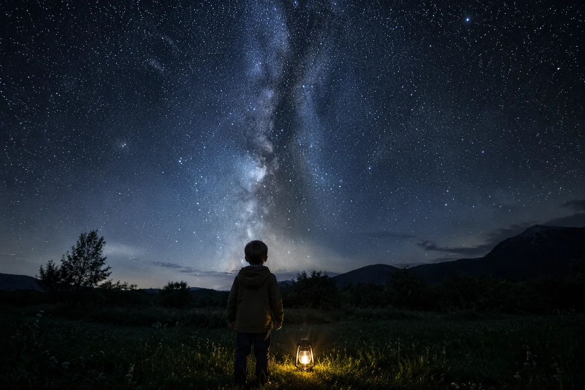 Child Gazing at Stars in Wonder