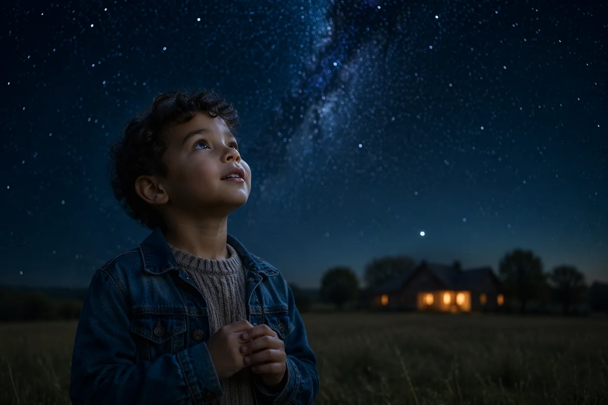 Child Gazing at Starry Night Sky