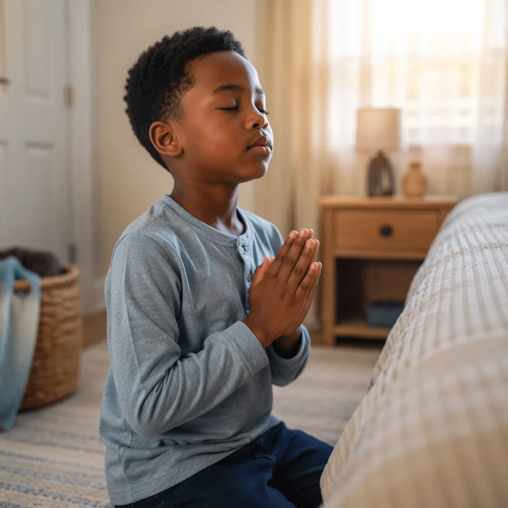 Young Boy Praying Beside Bed