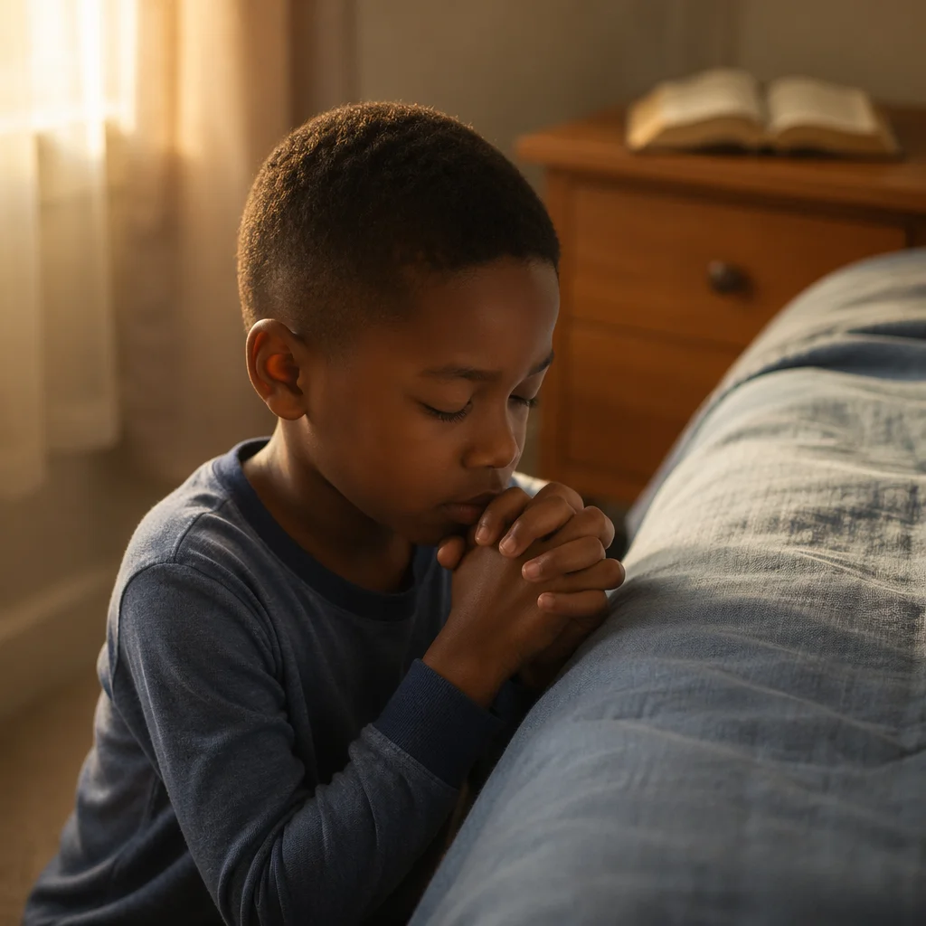 Young Boy Praying by Bed at Dawn