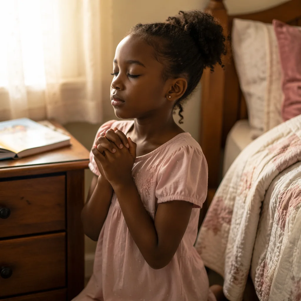 Young Girl Praying Beside Bed