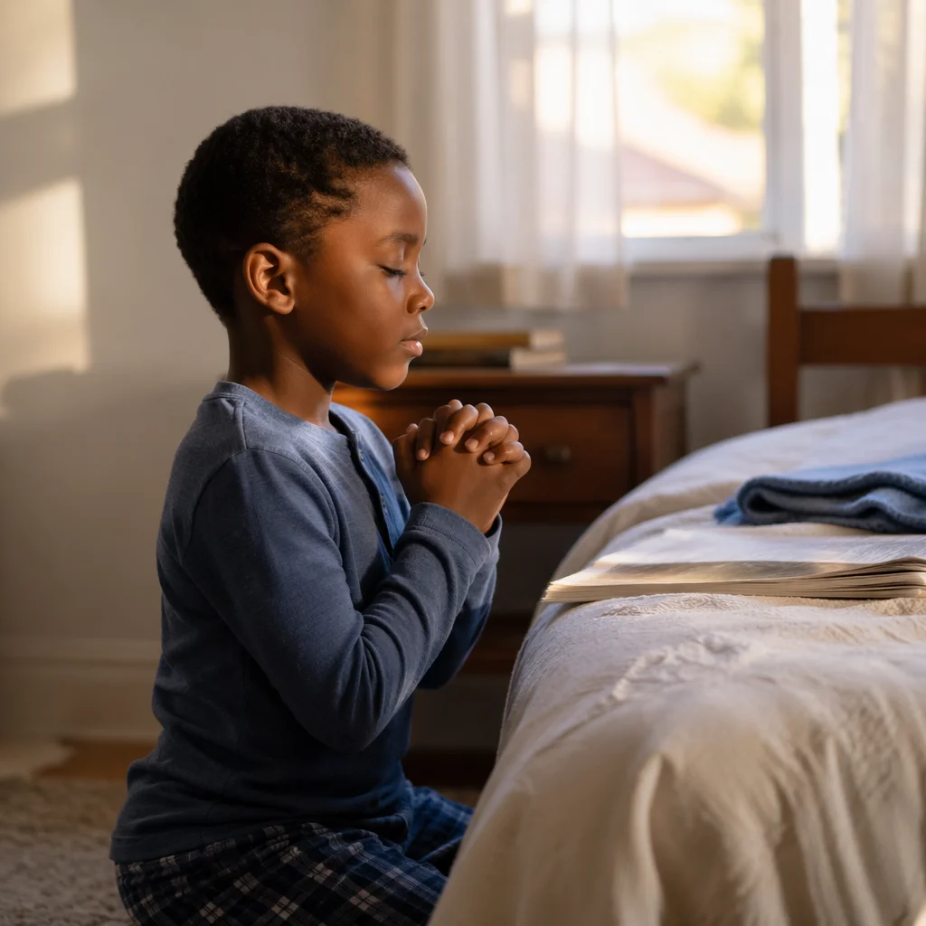Young Boy Praying Beside Bed