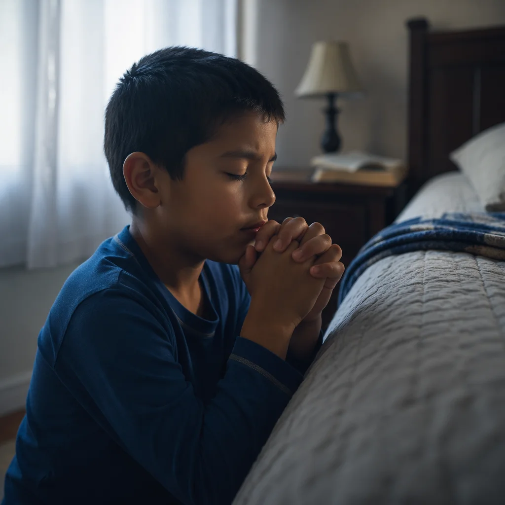 Young Boy Praying Beside Bed