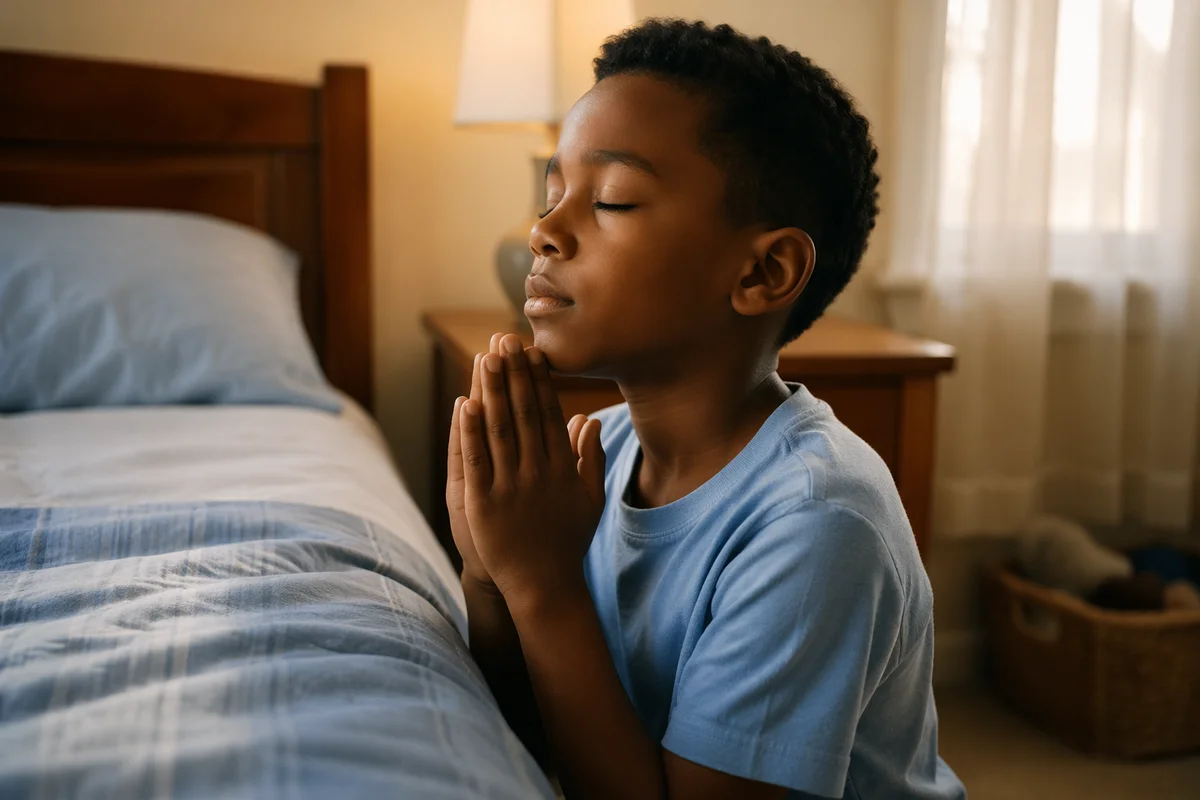 Young Boy Praying Beside Bed at Dawn