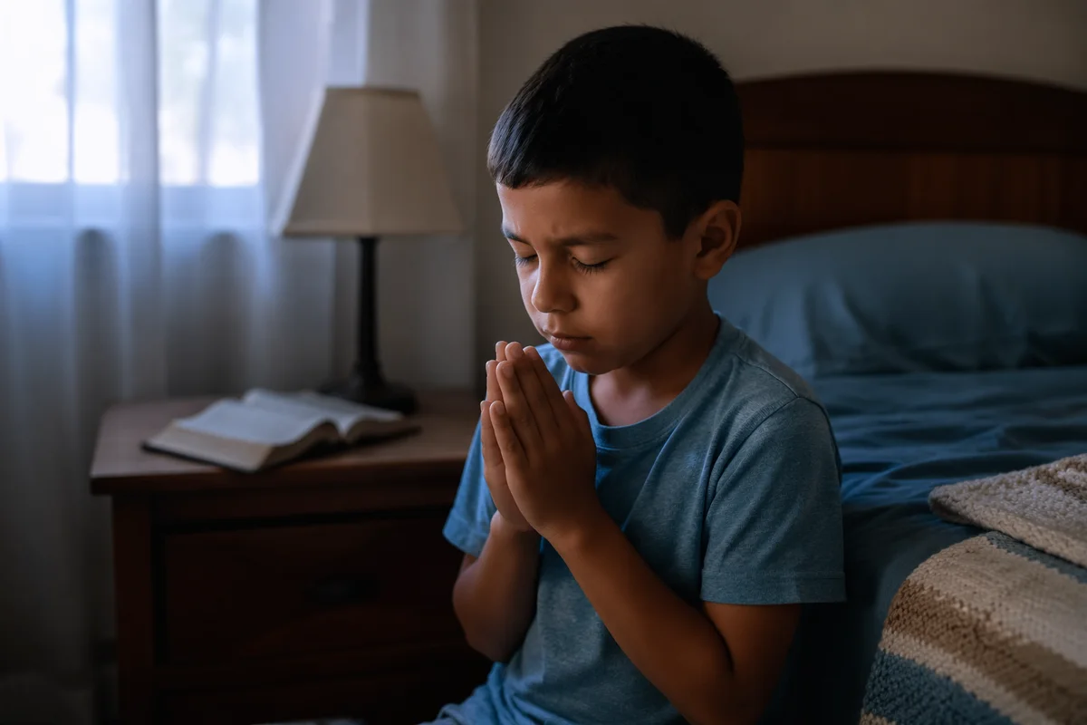 Young Boy Praying Beside Bed