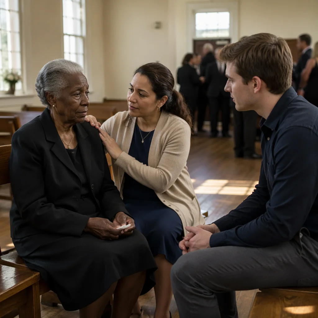 Three People Sharing Comfort in Church Hall