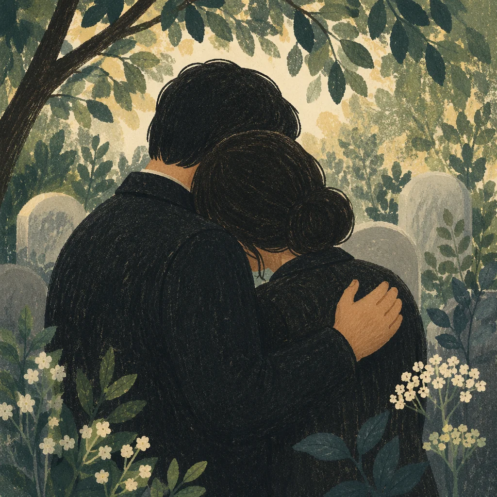 Comforting Embrace in Quiet Funeral Grief