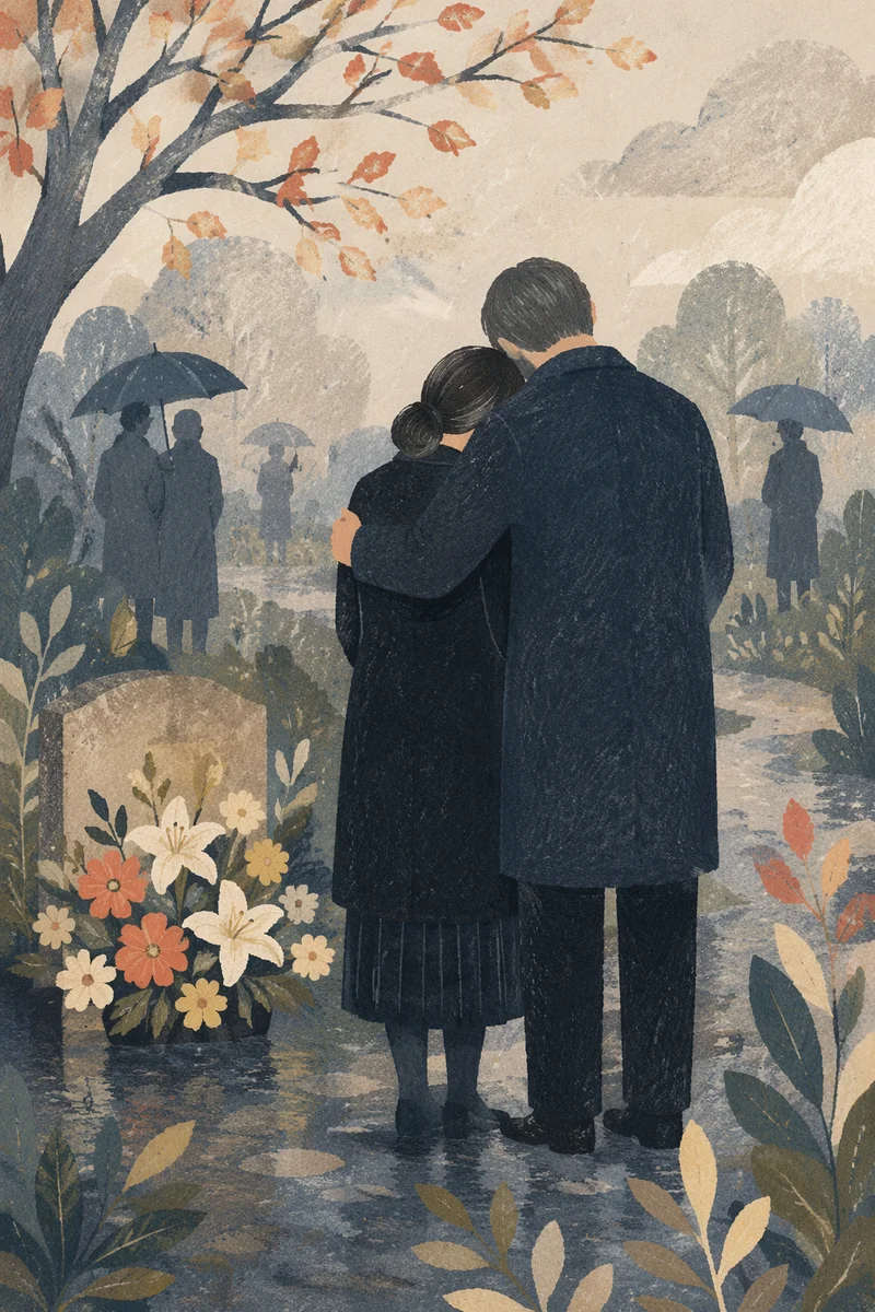 Quiet Funeral Embrace in Misty Cemetery