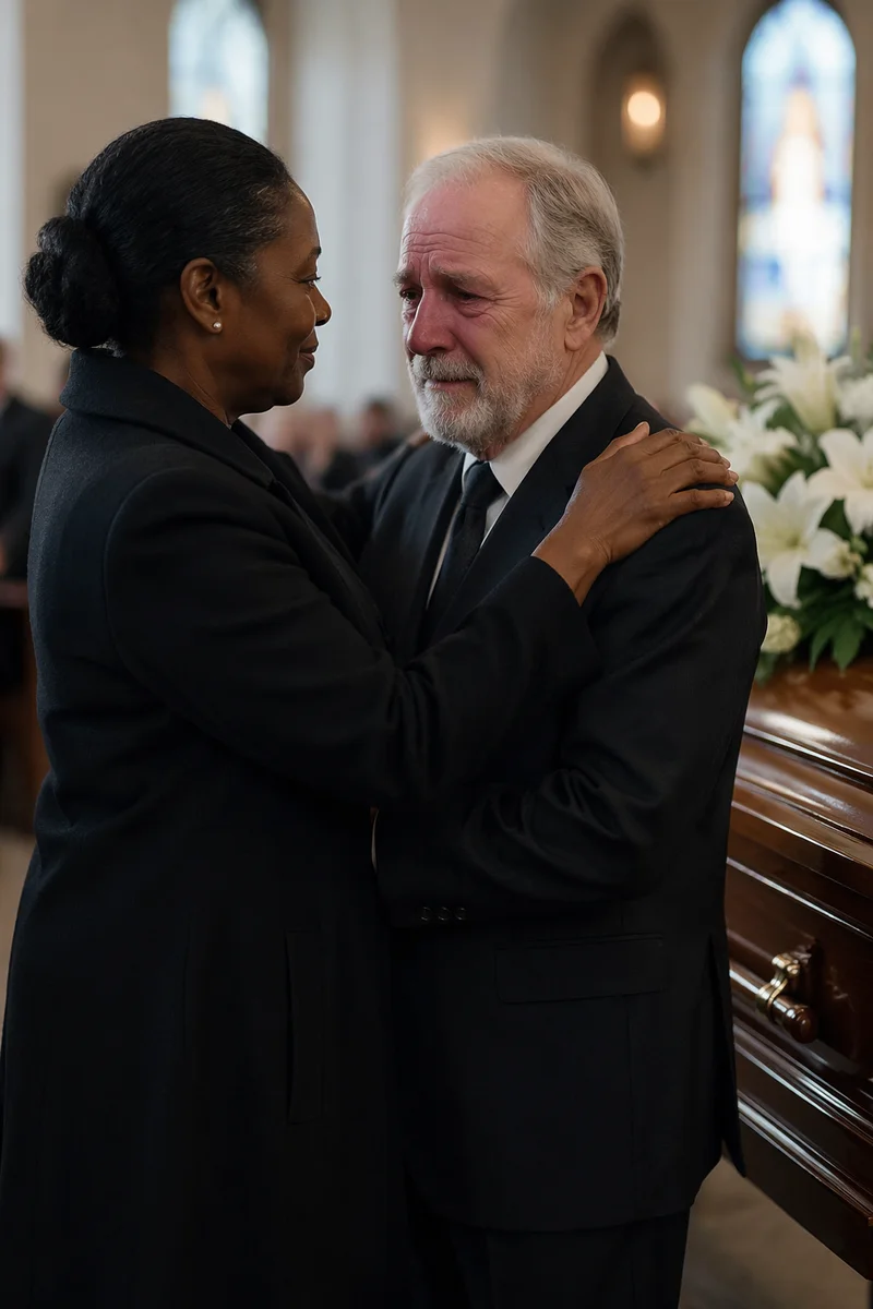 Comforting Embrace Beside Funeral Casket