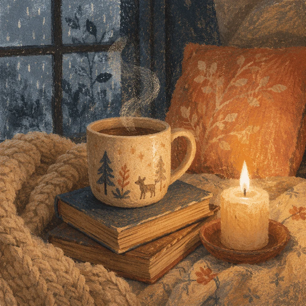Cozy Candlelit Mug and Blanket at Dusk
