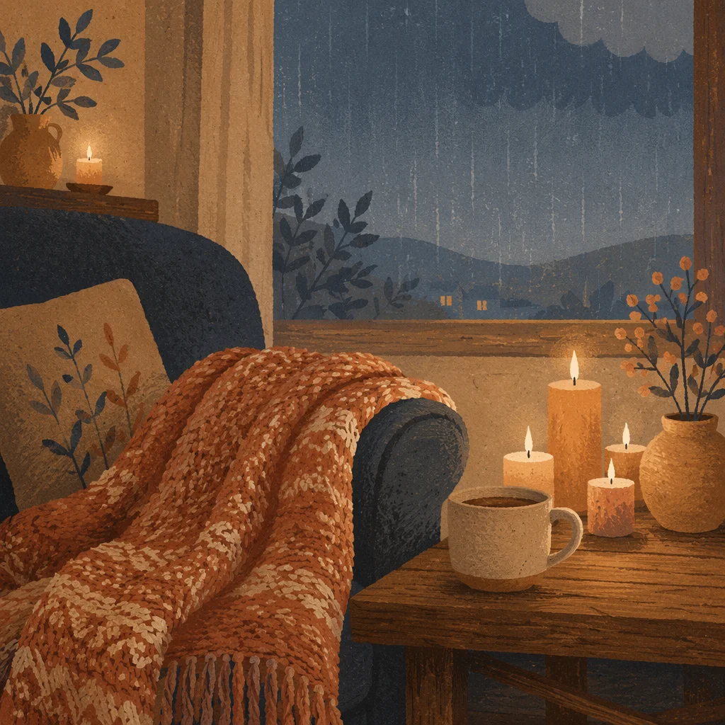 Cozy Candlelit Blanket by Rainy Window