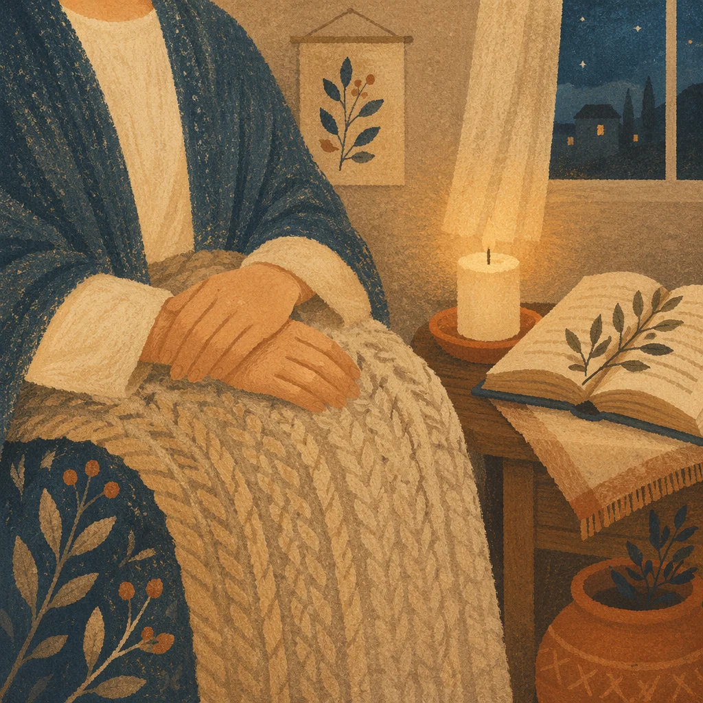 Warm Candlelit Prayer with Knitted Blanket