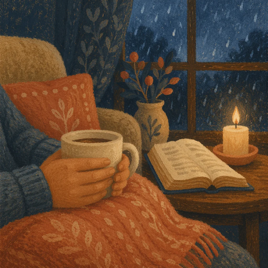 Warm Candlelit Comfort with Bible and Blanket