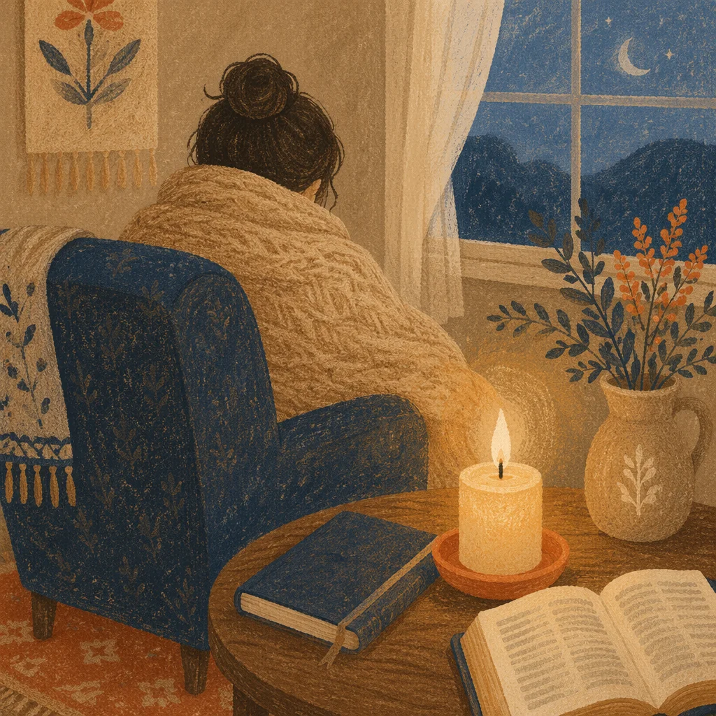 Candlelit Prayer Comfort Under Warm Blanket