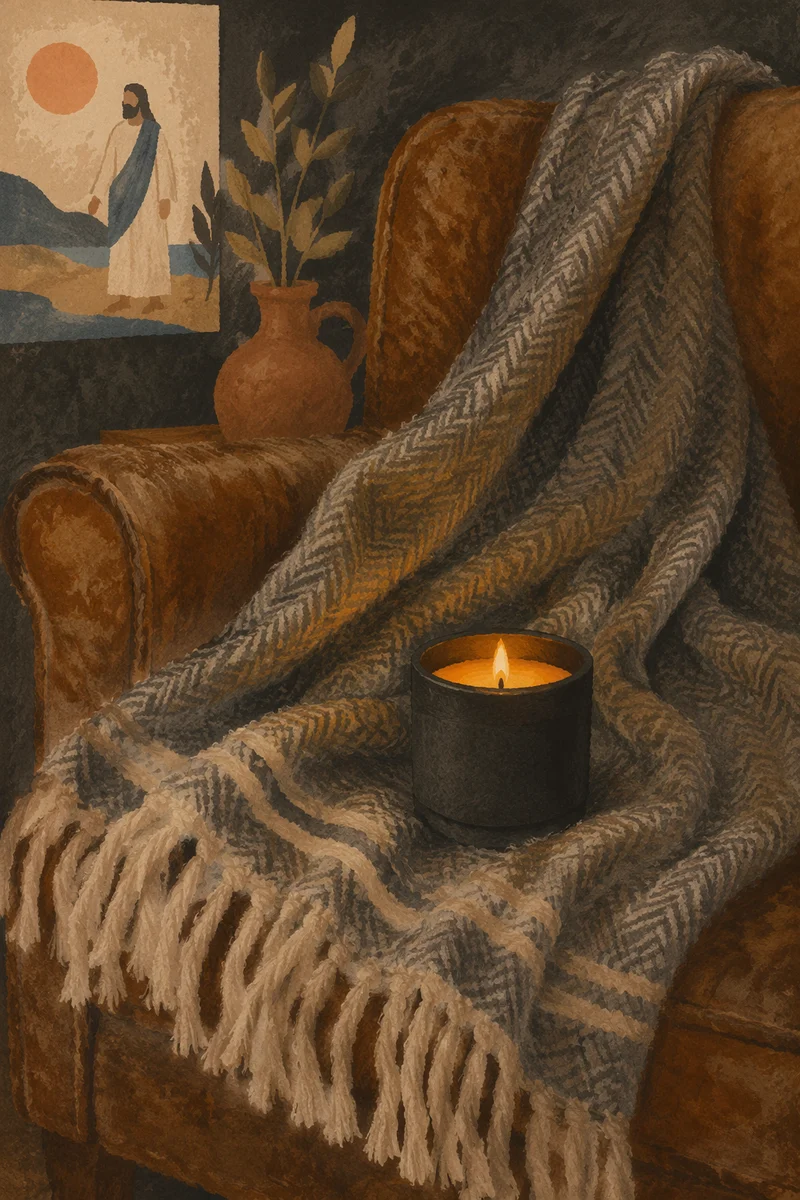 Warm Candlelight on Cozy Wool Blanket