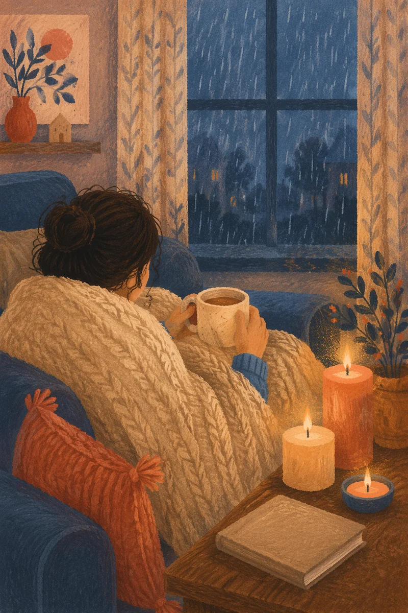 Candlelit Comfort with Blanket on Rainy Evening