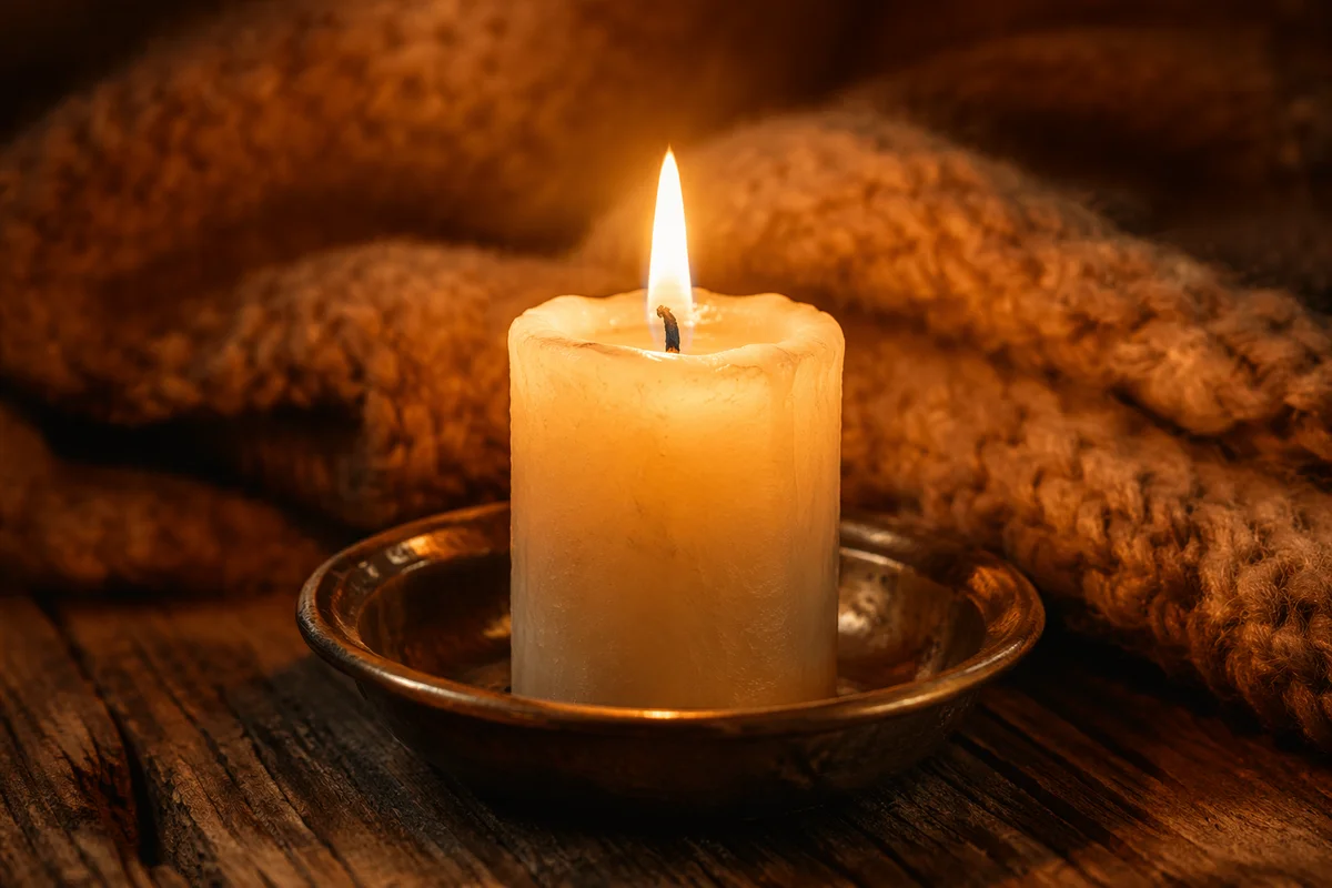 Warm Candlelight Beside Cozy Knitted Blanket