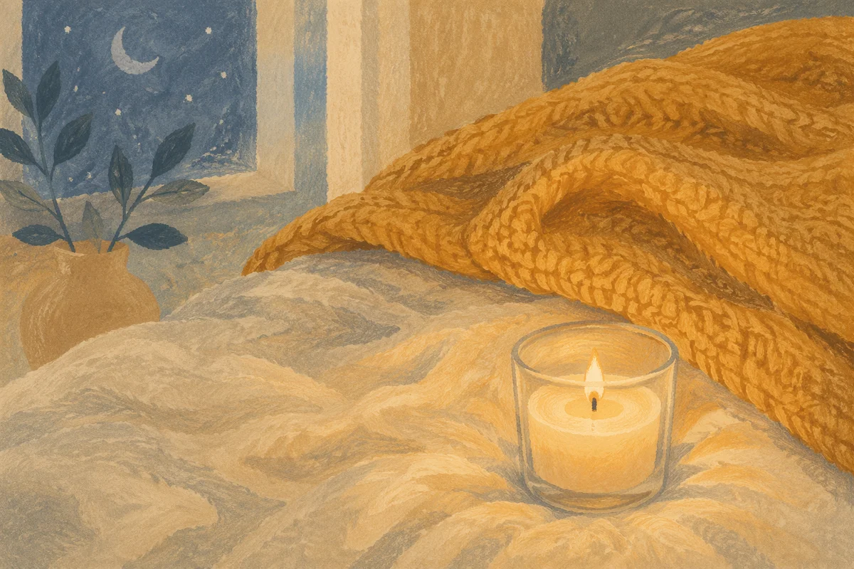 Warm Candlelight Comfort on Cozy Bedding