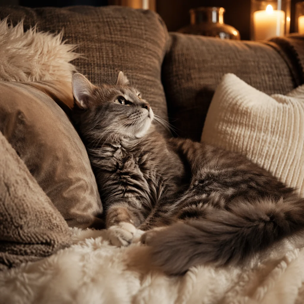Cozy Cat Resting in Warm Candlelight